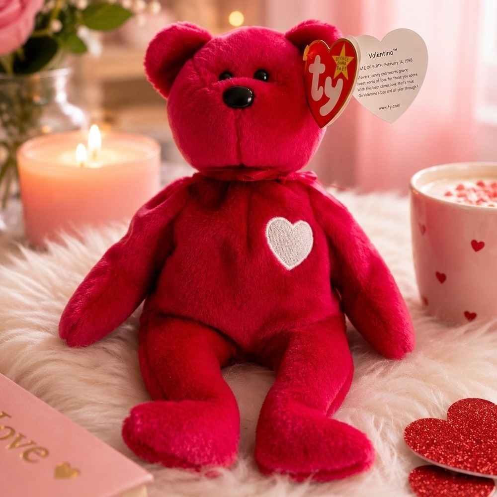 TY Beanie Babies Valentina Bear 1999 White Heart Plush Valentine 1998 Hang Tag